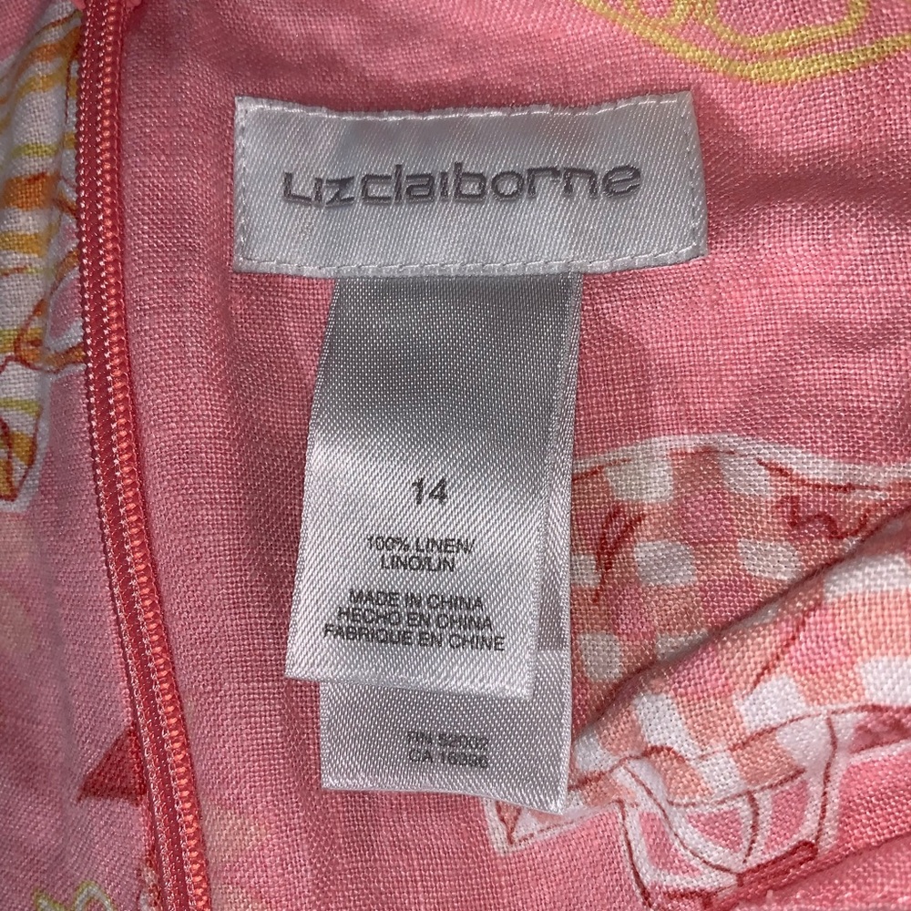 Liz Claiborne linen halter dress. Summer pink & lemon yellow print. Size 14. - Picture 3 of 7
